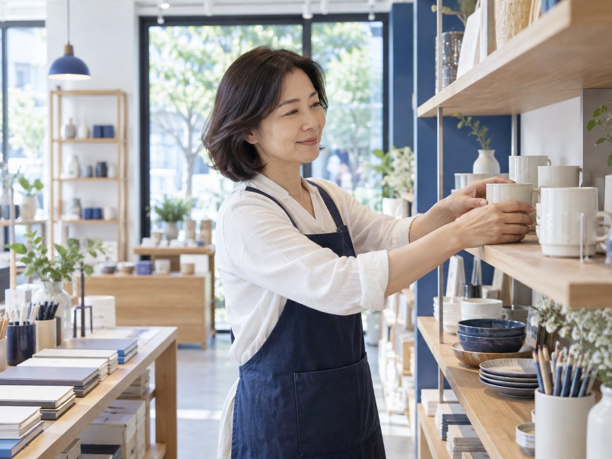 비사업자단말기 사용법 · 앞치마를 두른 여성이 선반의 물건을 정리하는 장면(연출 사진)