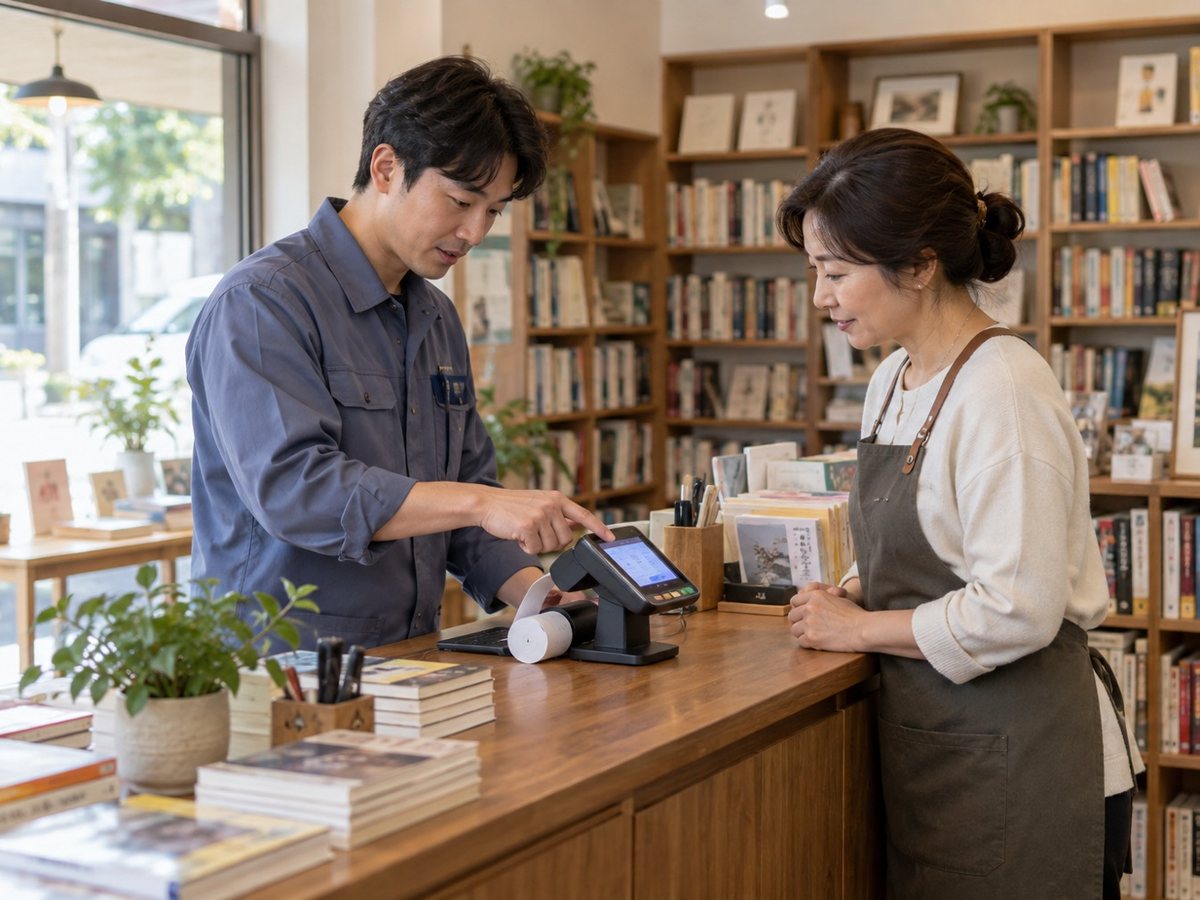 비사업자단말기 · 서점 계산대에서 단말기로 결제를 받는 장면(연출 사진)